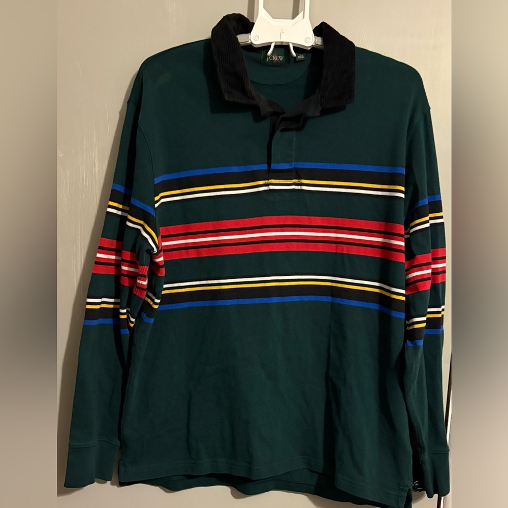 J. Crew Dark Green Long Sleeve Rugby Shirt with Stripes